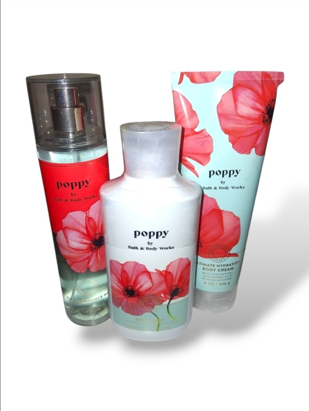 3pc Bath & Body Works Poppy Floral Pink & Aqua Body Care Sett